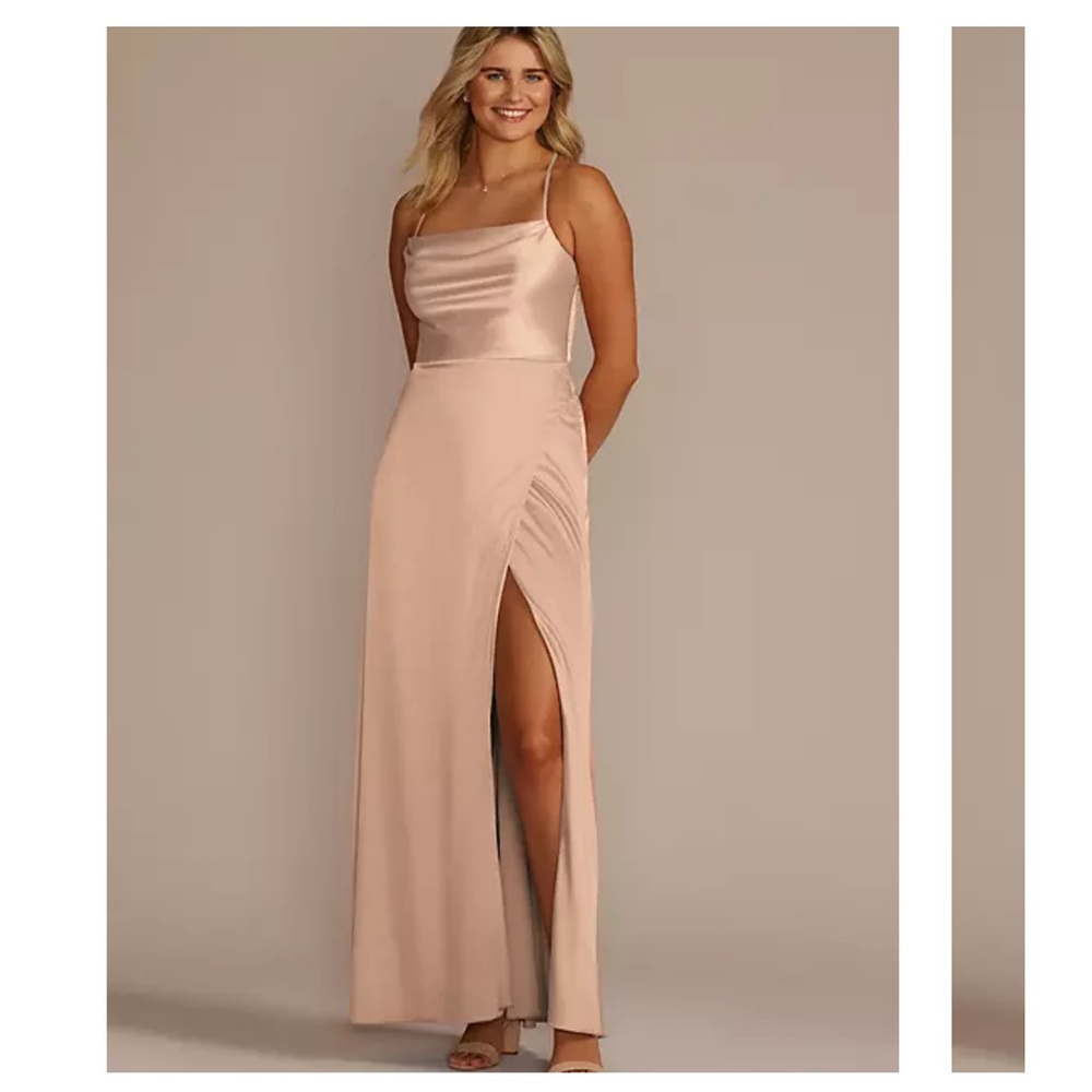 David’s bridal satin charmeuse cowl neck bridesmaid dress in Sand